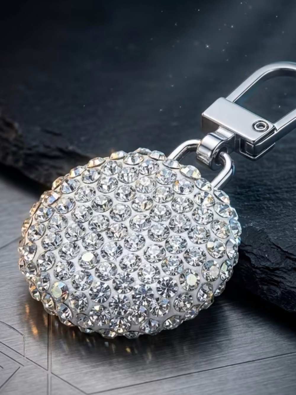 Crystal Pavé Round Keychain Charm - Silver
